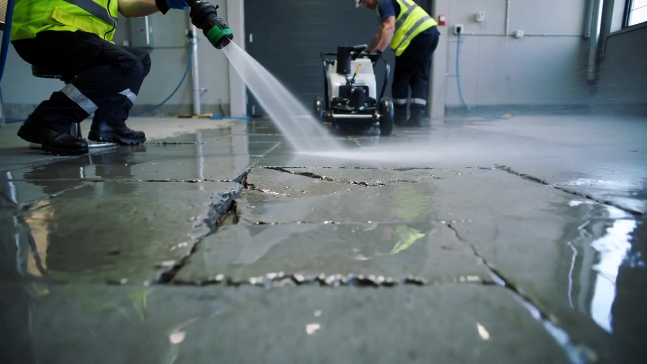 Repairing damaged floor, crew cleaning maintenance bay with hose and machine, wearing hi-vis vests