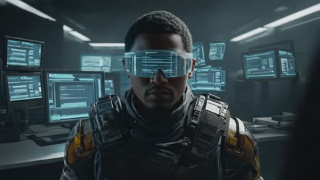 futuristic programmer working in a high-tech environment