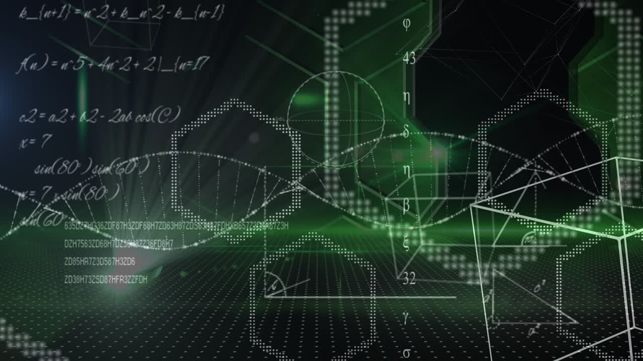 Animation of scientific data, dna and connections over black and green background