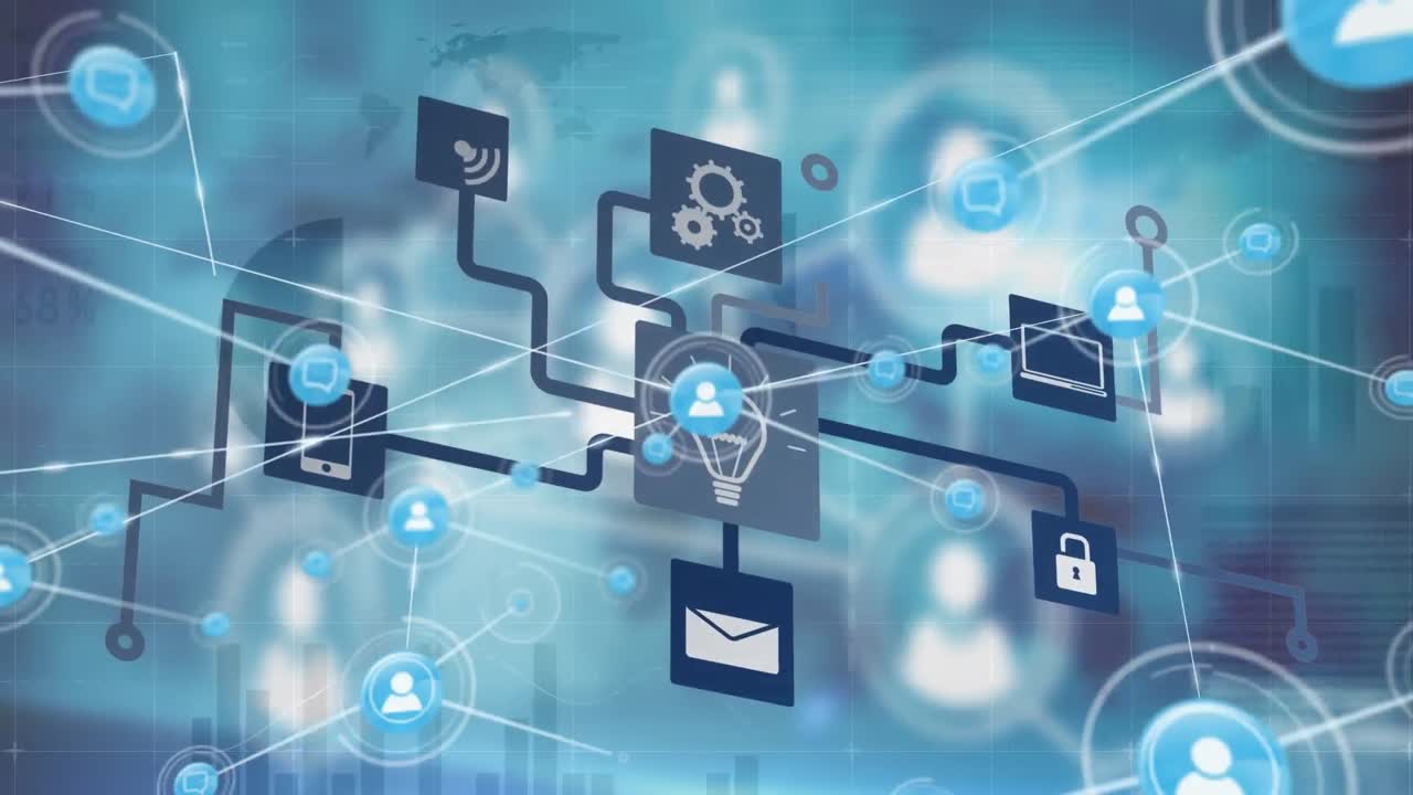 animación de una red de iconos digitales sobre el procesamiento de datos estadísticos contra un fondo azul
