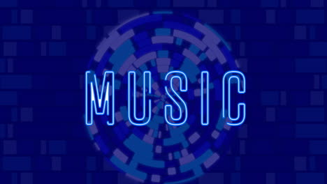 animation of blue music neon text over blue spinning circles