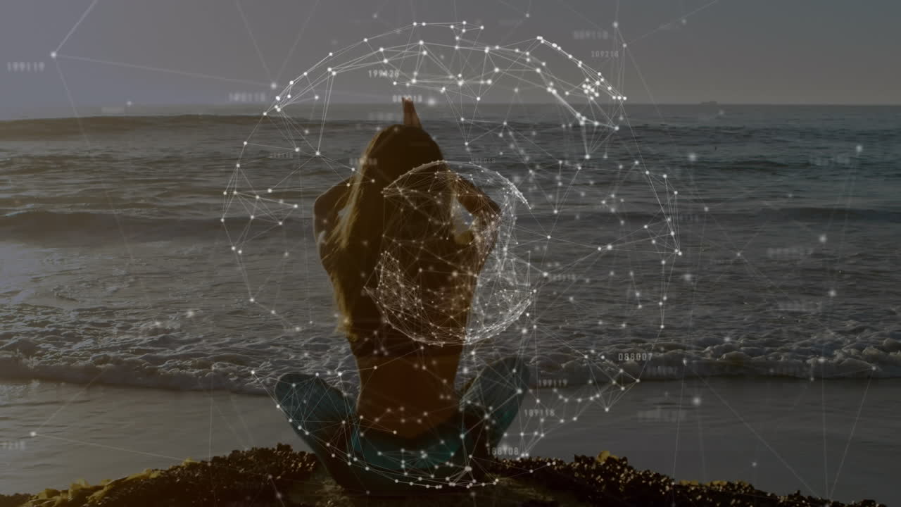 animación de redes de conexiones con el mundo sobre mujer caucásica practicando yoga en la playa