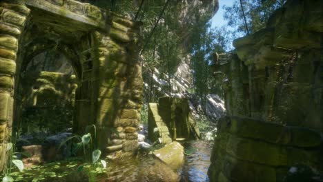 Stone-ruins-in-a-forest,-abandoned-ancient-castle