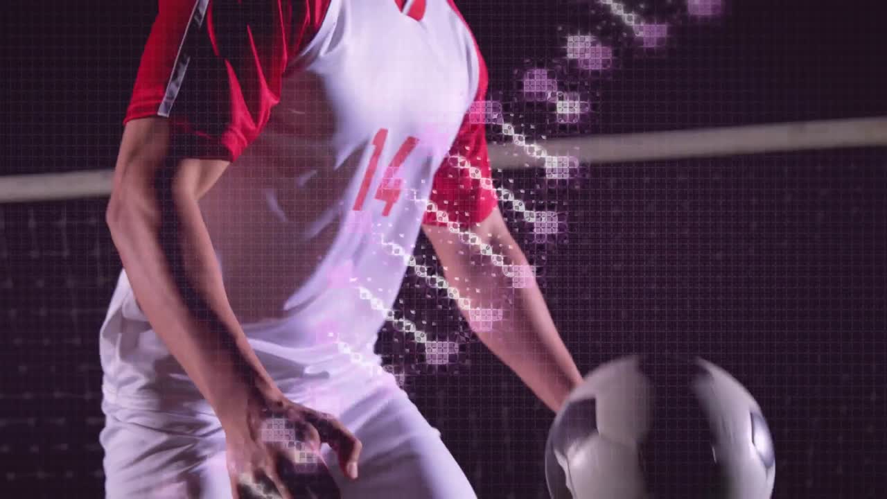 축구 선수 위에 dna 가닥을 회전시키는 디지털 인터페이스의 애니메이션