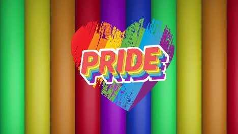 animation of pride text and rainbow heart over rainbow stripes and colours moving on seamless loop