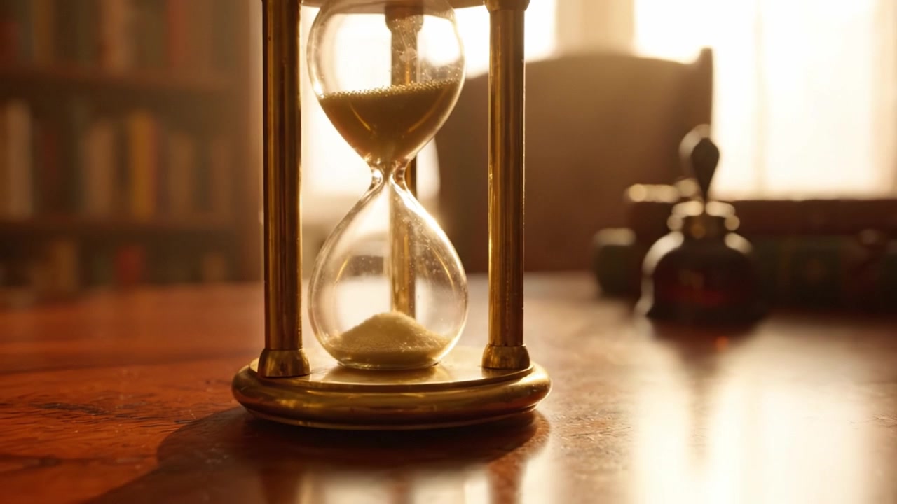 Momenti accattivanti: un'elegante clessidra catturata in luce soffusa, che simboleggia il passare del tempo all'interno di un'ambientazione accogliente e invitante di biblioteca