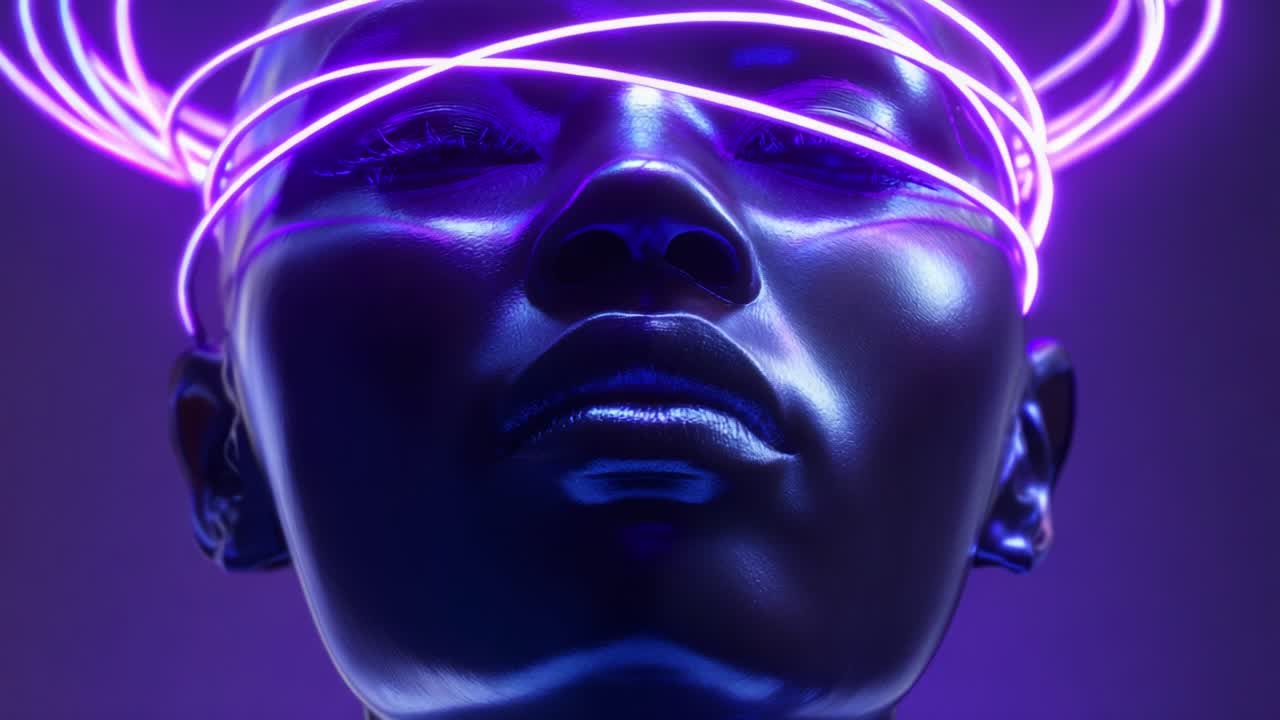 A striking visual representation featuring a stylized figure with glistening skin illuminated only by vibrant purple neon lines encircling the head, evoking a sense of futuristic art and digital identity