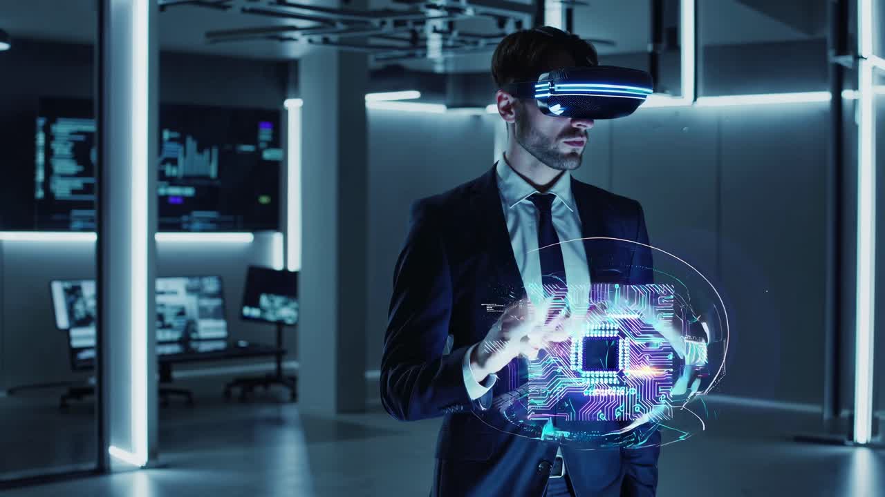 Businessman using VR and AR in modern office