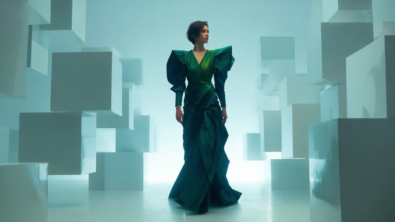 A stunning model showcasing an elegant green dress with dramatic puffed sleeves, walking confidently through a minimalist set filled with illuminated white geometric cubes, highlighting fashion and artistry in a striking visual aesthetic