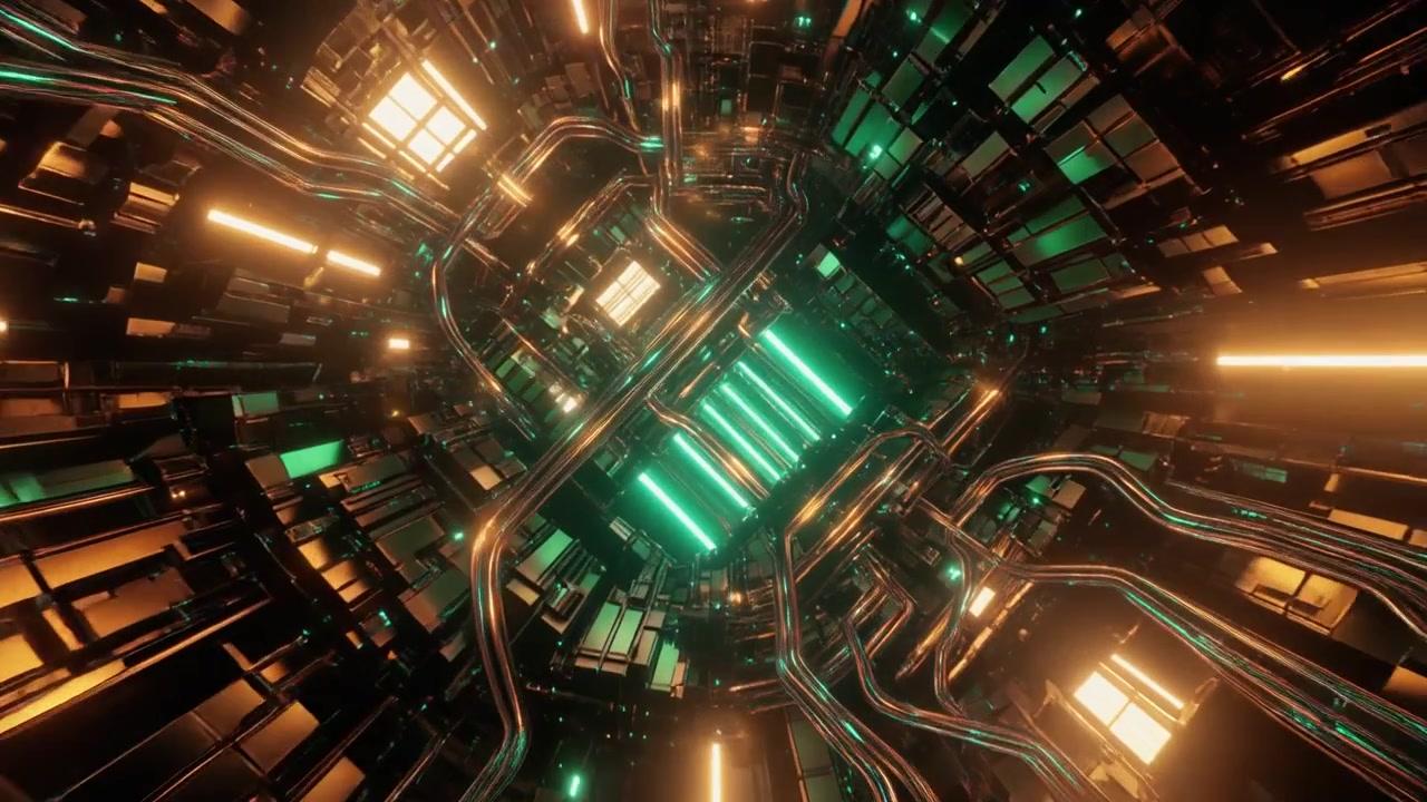 Futuristic Sci-Fi Tunnel with Glowing Green and Orange Lights