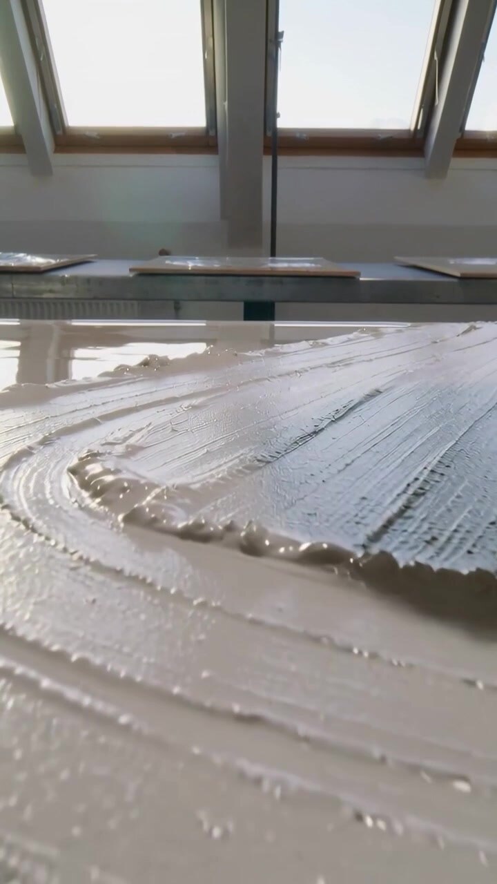 Vertical video: Starting hidden trowel moving pale mix across panel under skylights for even finish
