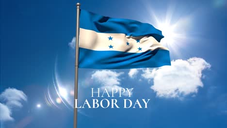 Animation-Des-Textes-„Happy-Labor-Day“-über-Der-Honduranischen-Flagge-Und-Dem-Blauen-Himmel