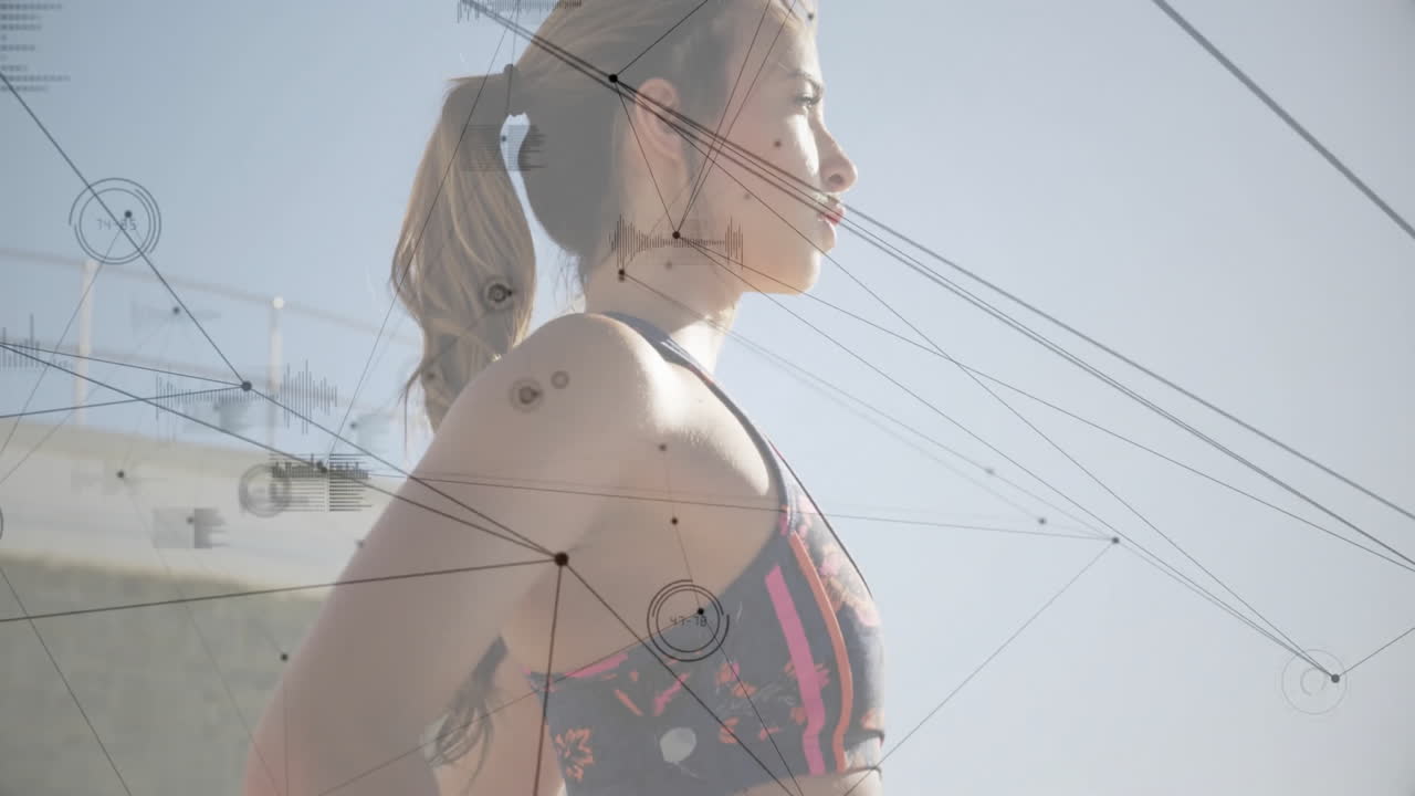 Processing data with network connections, athletic woman outdoors with animation