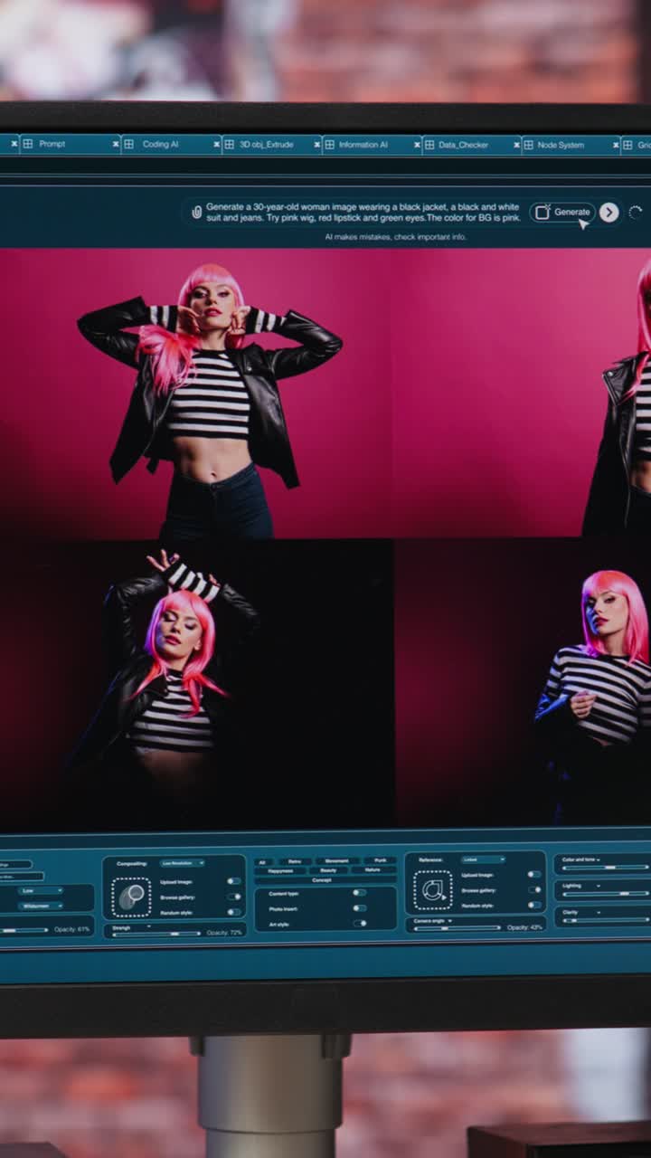 Vertical video PC display with AI GPT generating photographs, close up handheld camera shot