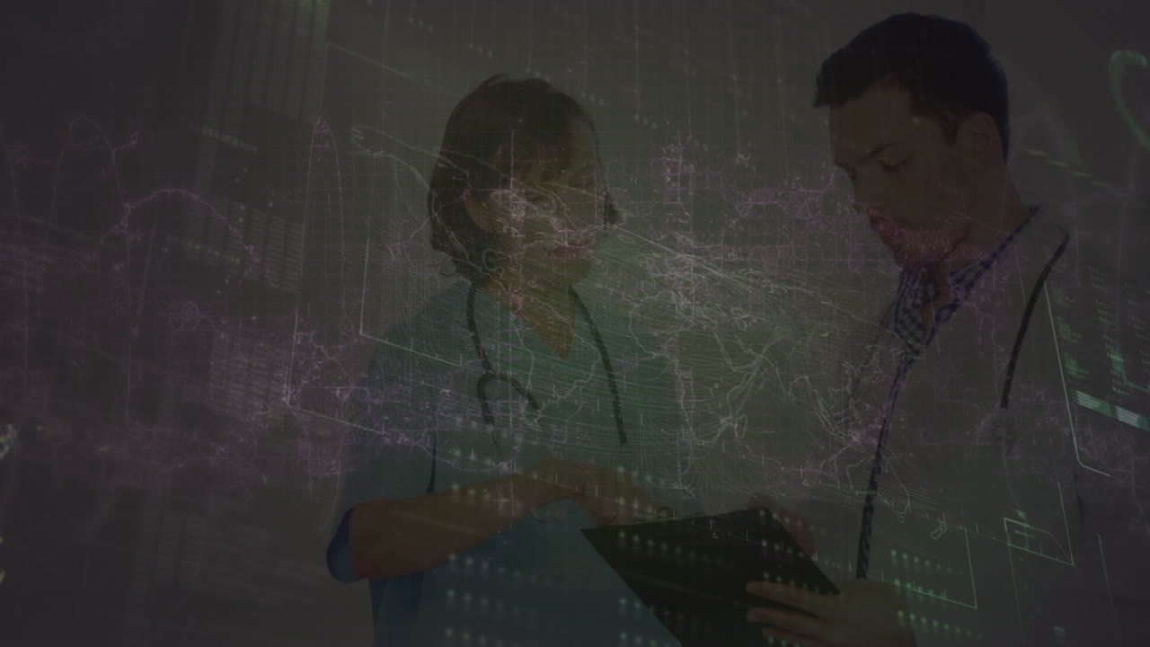 다양한 의사들에 대한 세계 지도와 함께 데이터 처리의 애니메이션