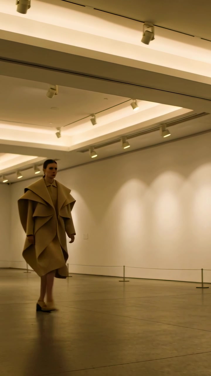 Mulher asiática caminhando por um espaço de galeria vestindo um casaco bege escultural e oversized e sapatos de salto