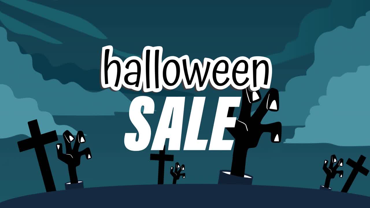 무덤에서 땅에서 좀비 손 위에 할로윈 텍스트의 애니메이션