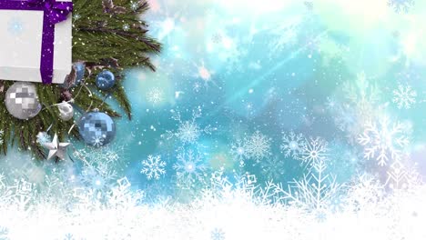 Animation-of-snow-falling-over-christmas-baubles