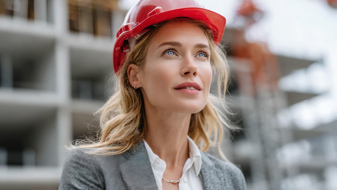 A confident woman wearing a safety helmet gazes thoughtfully towards the construction site, embodying resilience and professionalism in the building industry