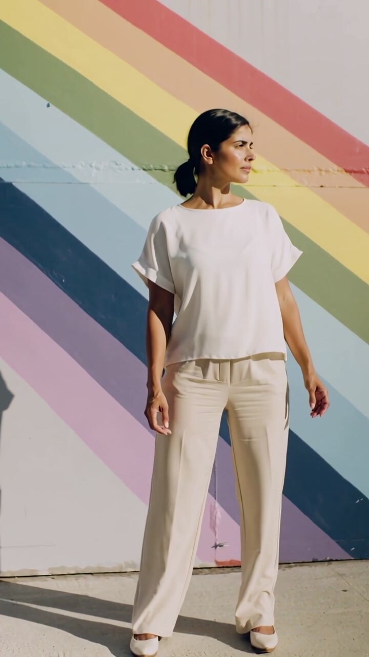 Vertical video: Sunlight nudging woman opening eyes, turning head at rainbow mural, in white top
