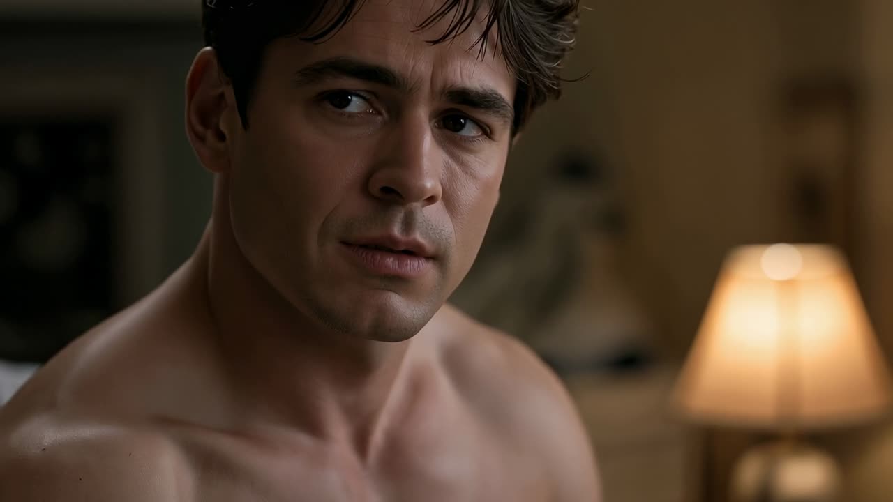 Uomo seduto a torso nudo che sposta lo sguardo dopo aver sentito un rumore sul letto, lampada da comodino accesa
