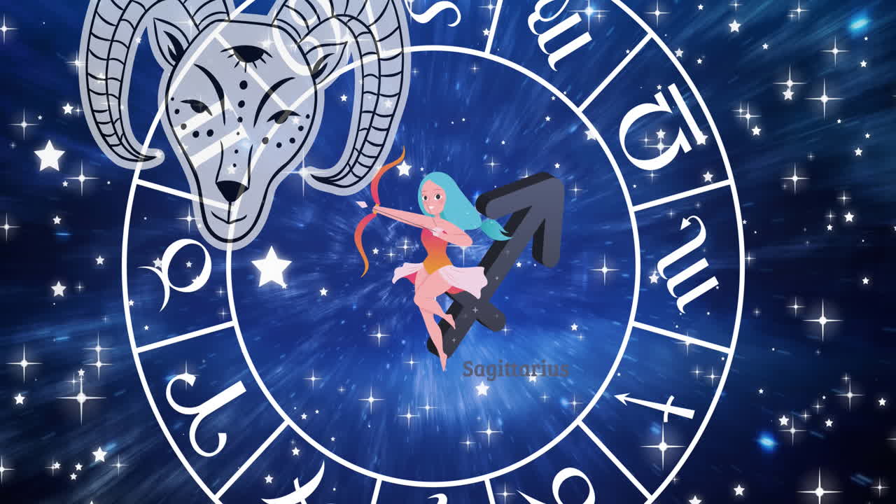 Animation of aries star sign and zodiac wheel spinning over stars on blue background