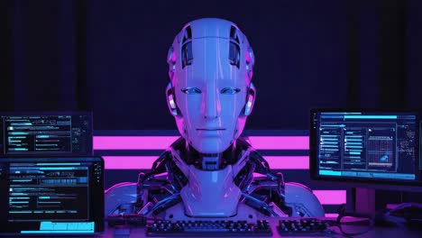 ai robot working at computer workstation