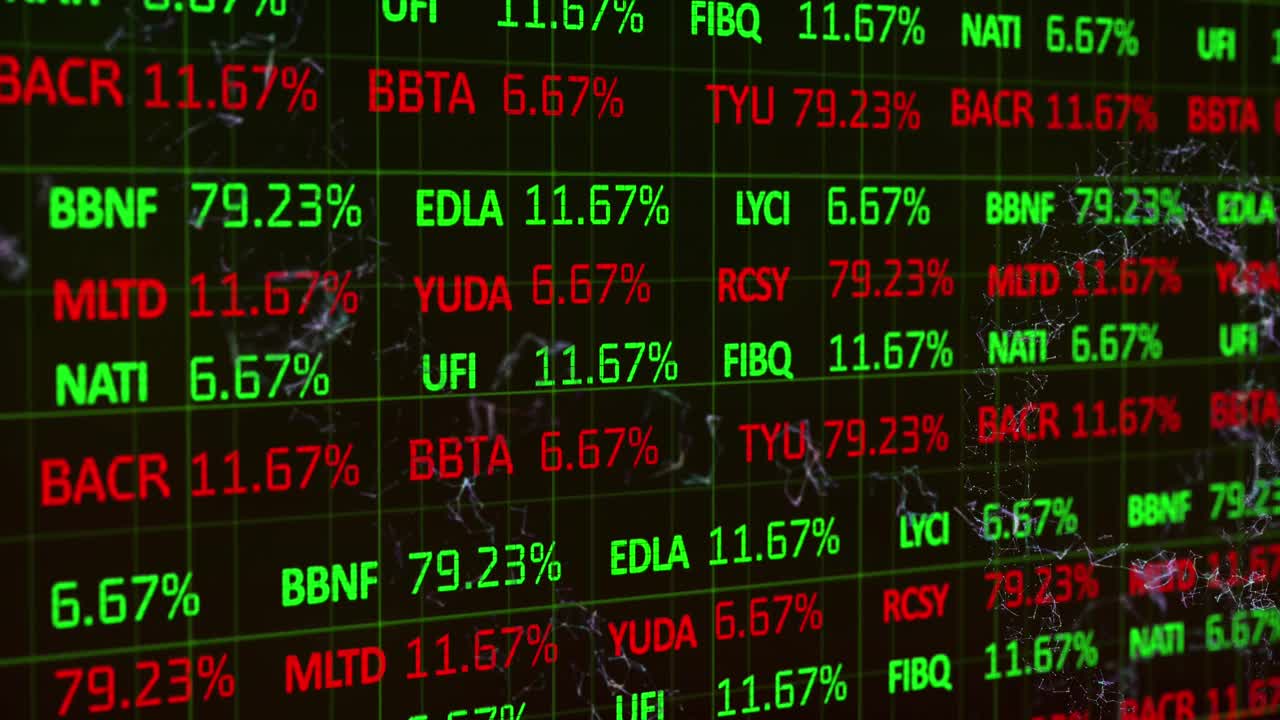 Animazione di elaborazione dati e mercato azionario su forme in movimento su sfondo nero