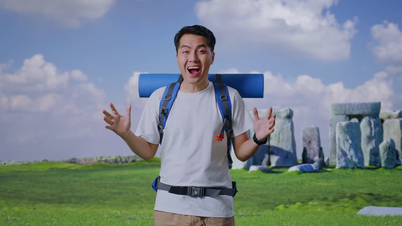 Excited Traveler in Front of Stonehenge