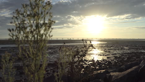 Large-view,-viaduct-over-the-Bay-of-Biscay-to-the-island-d'Oleron-at-sunrise,-Charente-Maritime,-France