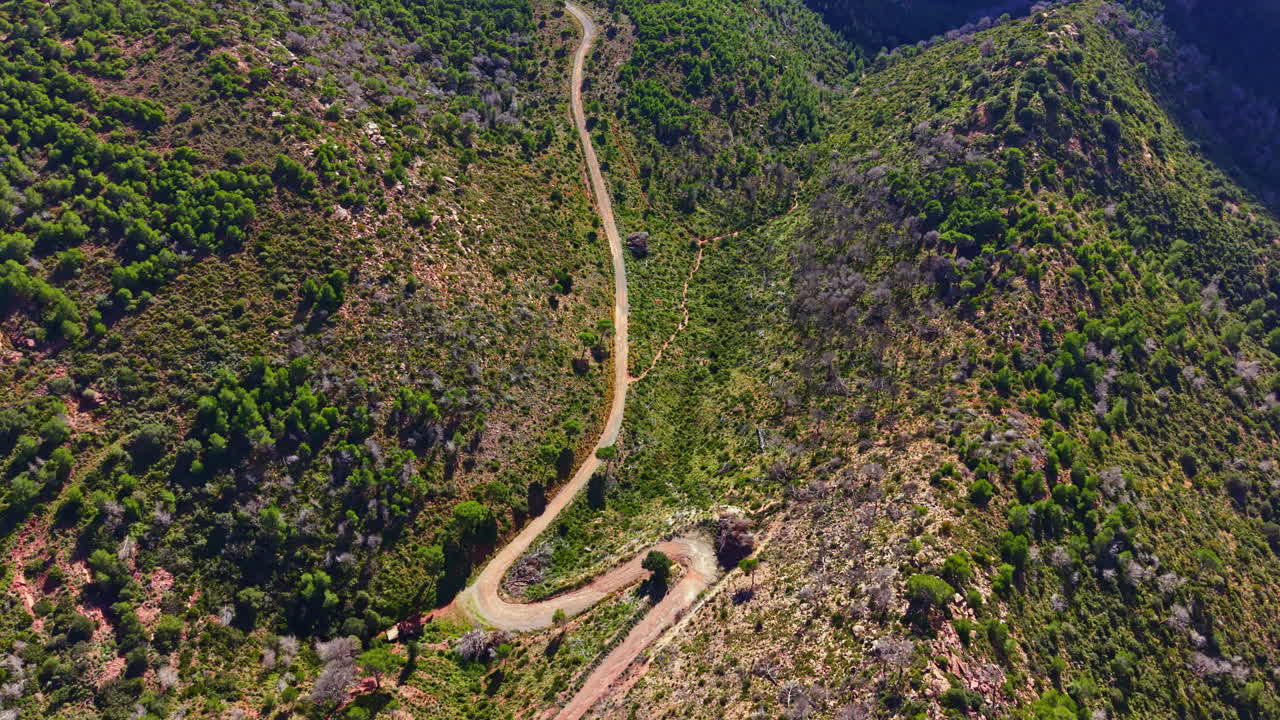 Un camino de tierra sinuoso atraviesa colinas verdes en una zona remota rodeada de árboles, durante un día soleado a primera hora de la tarde.