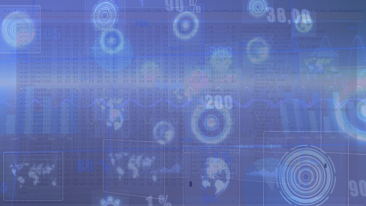 Animation of numbers and computer language over globes, radars, graphs and maps