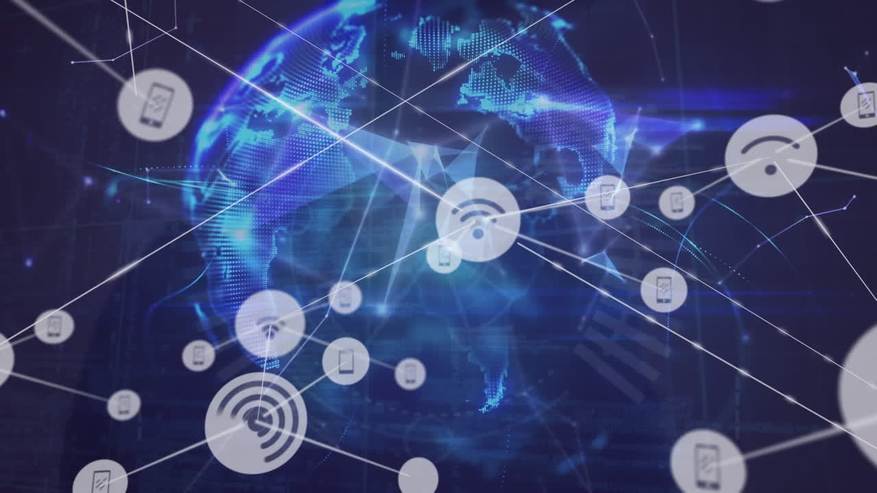 анимация сети цифровых иконок по всему миру сетей плекса, вращающихся на синем фоне