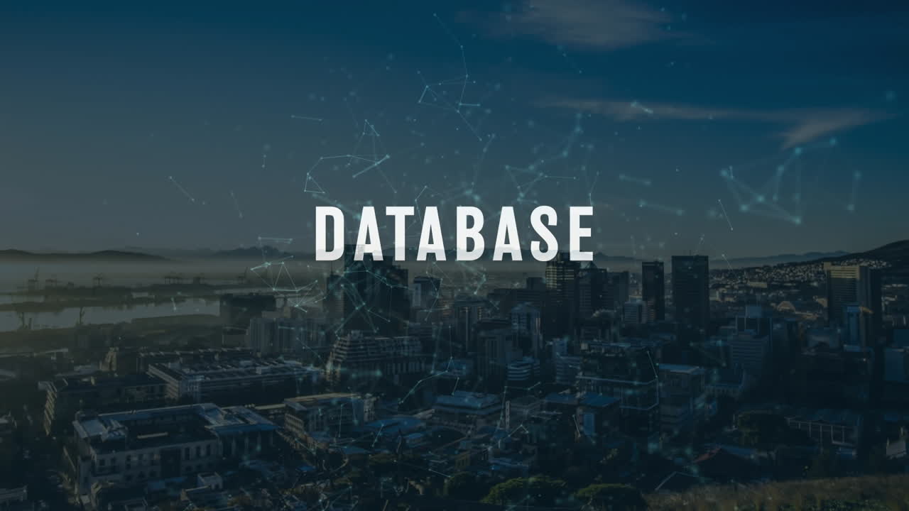 Animation of network of connections and database text over cityscape