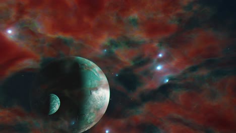 exoplanet within the orange and green dust clouds of a space nebula