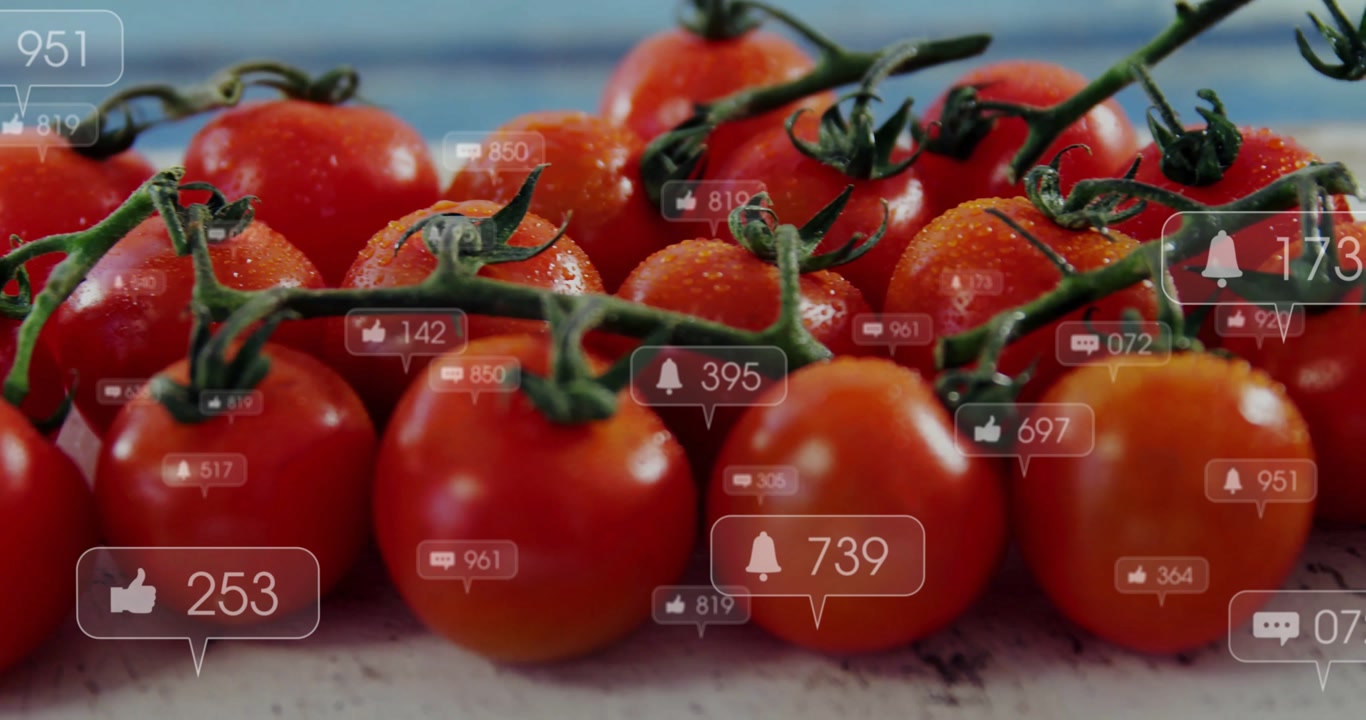 Cherry tomatoes revealing icons floating, counters climbing then fading showing engagement cycle