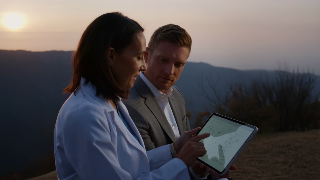 Two Professionals Discussing Data on a Tablet During Sunset