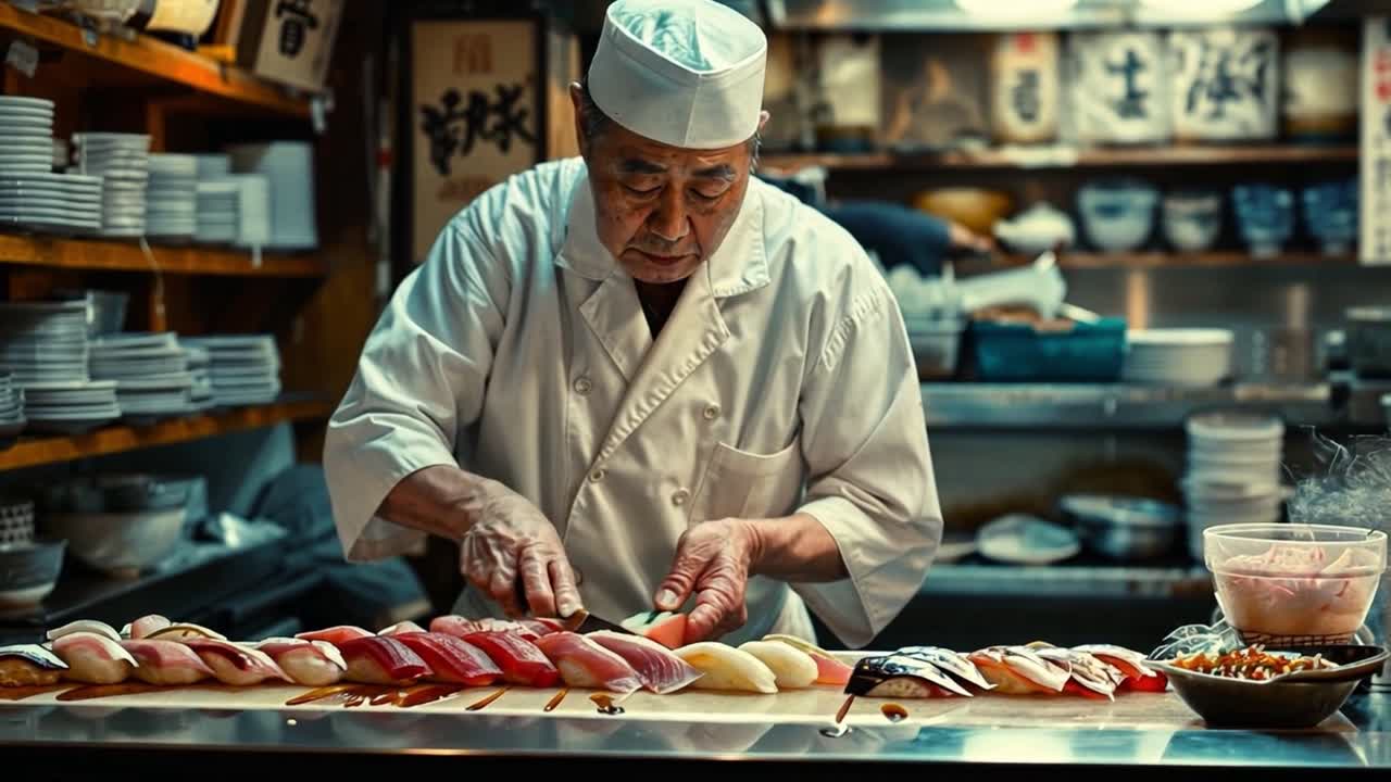 Japanese Sushi Chef Prepares Nigiri Sushi in a Traditional Restaurant