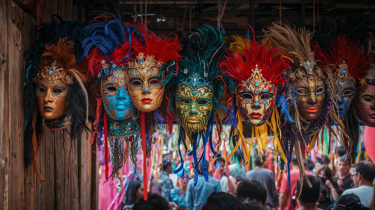 Hanging ornate Venetian masks filling wooden stall frame at market, passing crowd shifting ribbons
