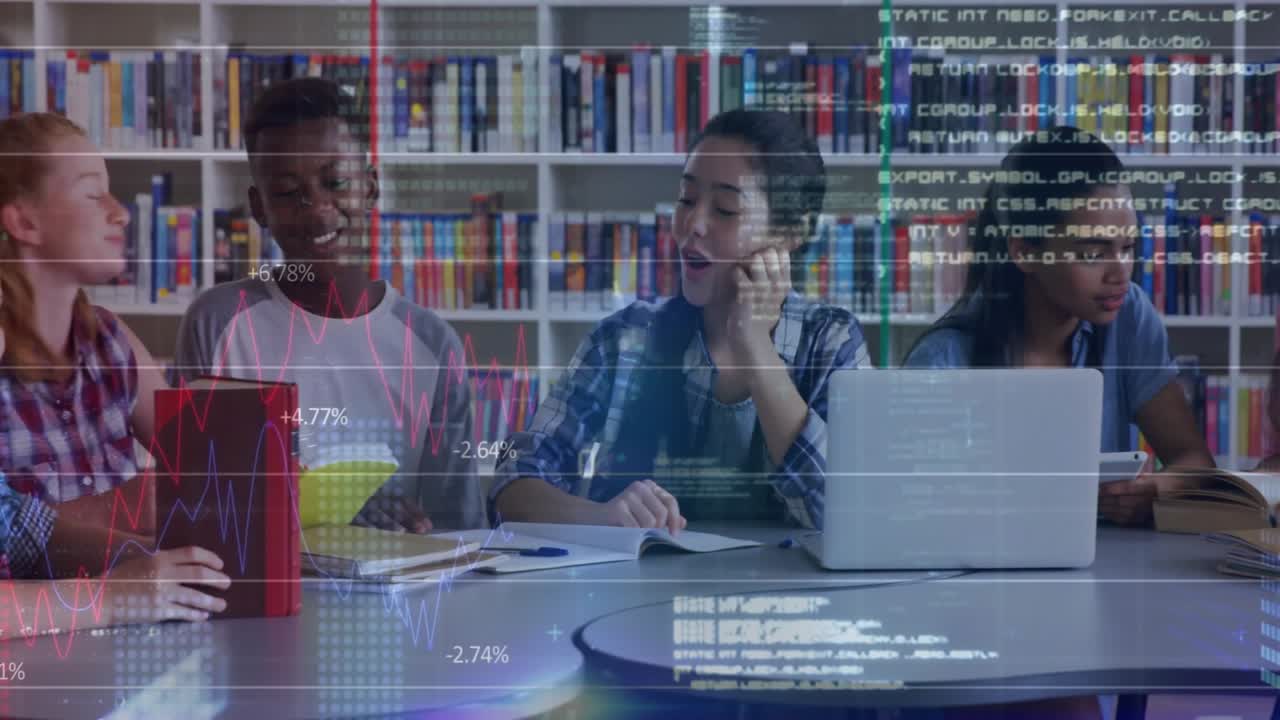 African American boy opening green tablet, peers reading books and sharing animated education icons