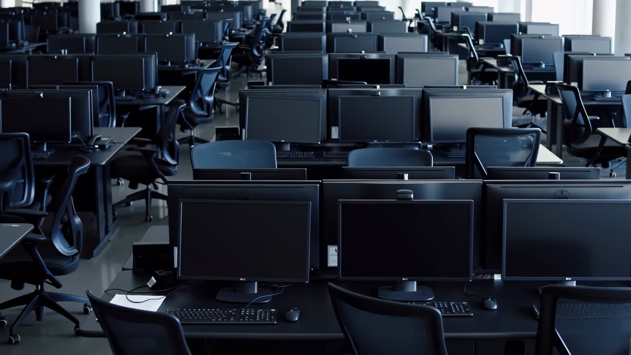 Rows Of Empty Computer Desks Filled With Monitors And Keyboards, Ergonomic Chairs Aligned Under Cool Office