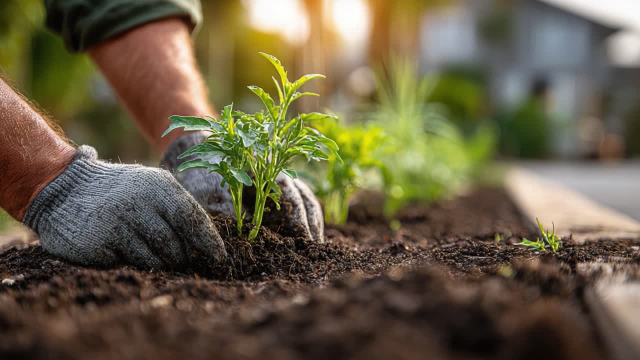 Un jardinero dedicado cuidando plantas jóvenes en la tierra, enfatizando la importancia de la vegetación y las prácticas sostenibles en un entorno de jardín floreciente.