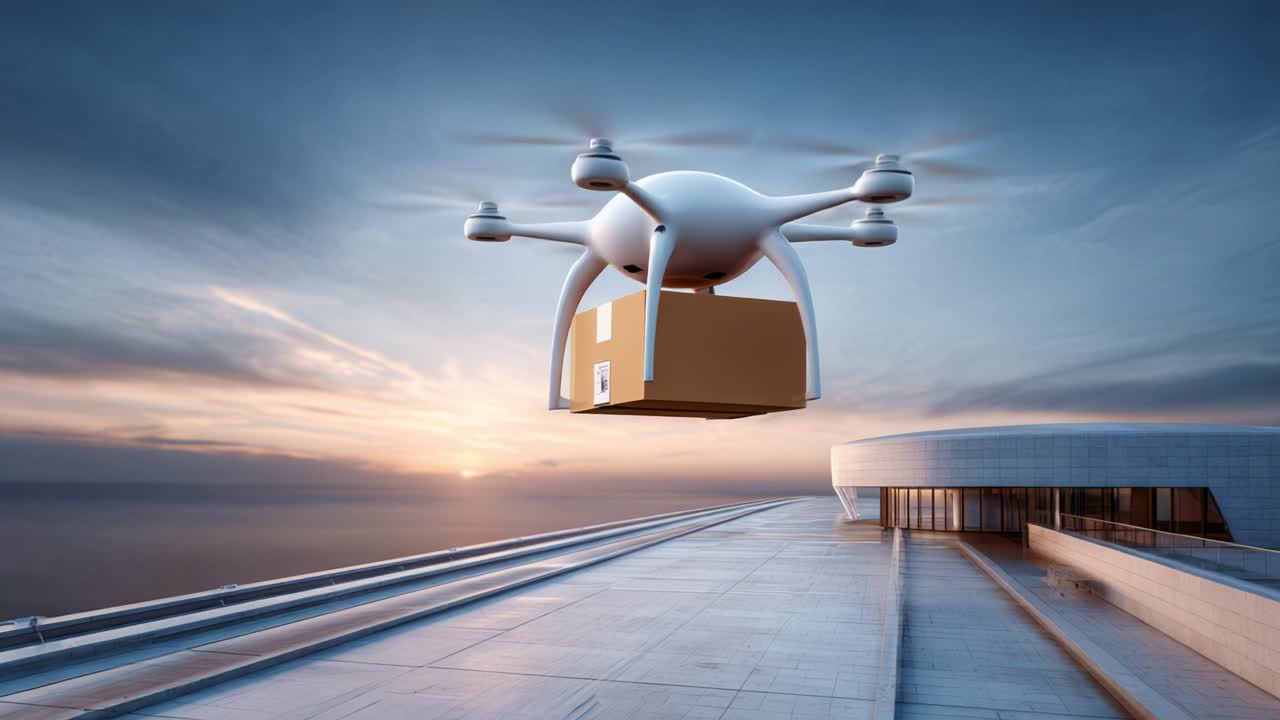 A drone delivered package against a breathtaking sunset backdrop, showcasing the future of delivery technology and modern architecture in a stunning urban environment