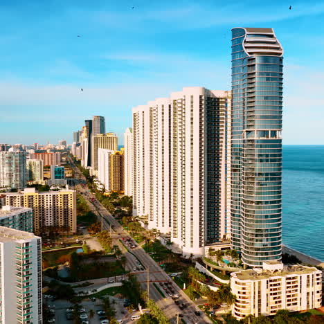 diverse buildings in the architecture of miami beach. sunny view of american city on the coast of the atlantic ocean.