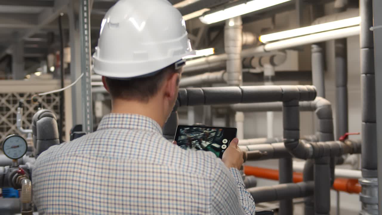 tecnólogo masculino calificado con camisa y casco con tableta en una fábrica moderna