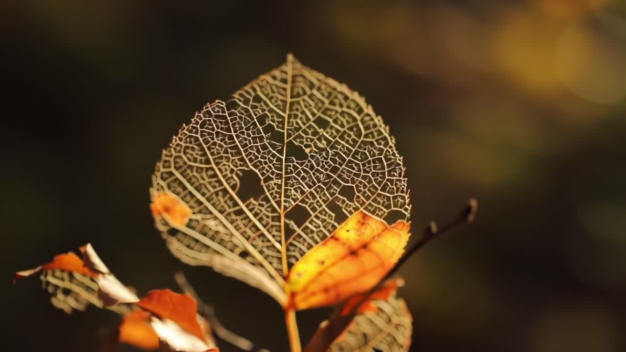 A Captivating Glimpse of Nature's Intricate Beauty: The Delicate Skeleton of a Leaf Bathed in Warm Autumn Light