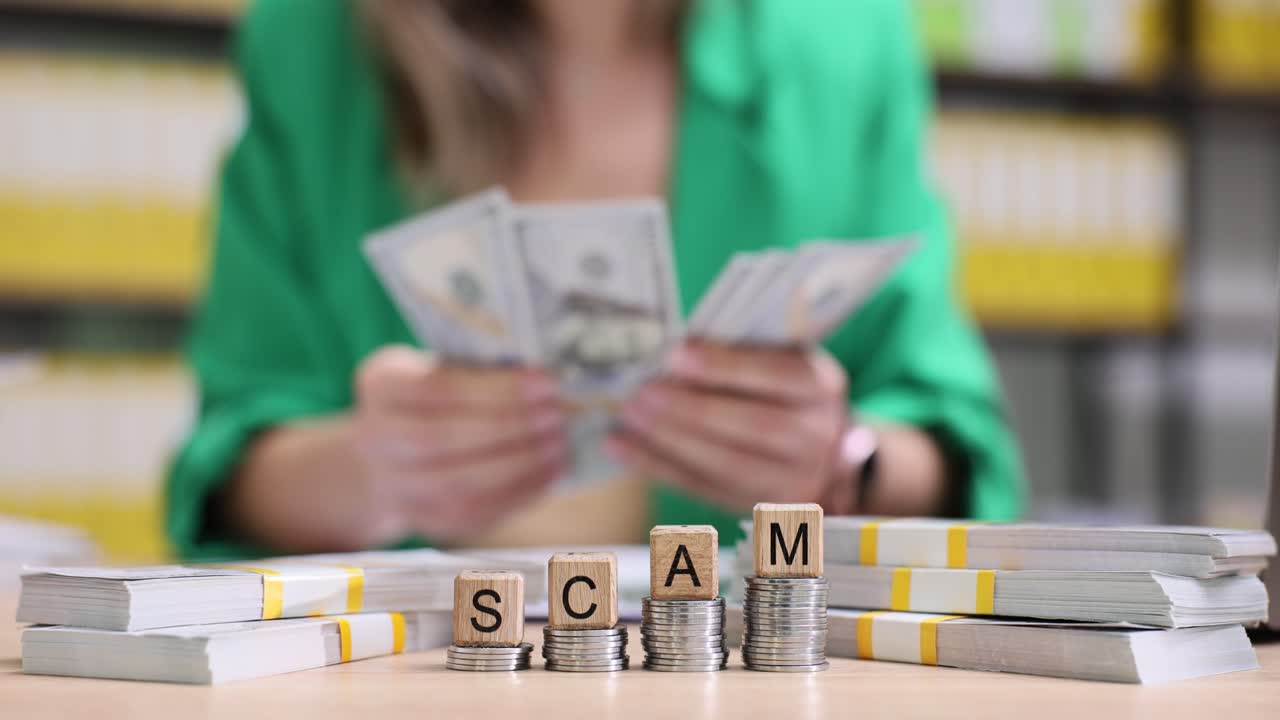 Scam Word on Coins with Person Counting Money
