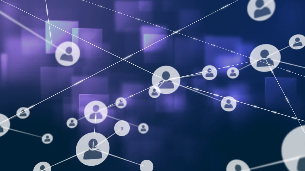 Network of connected user icons animation over abstract blue background