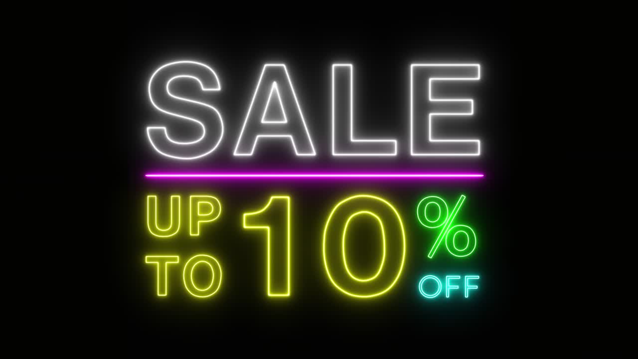 Flashing of sale up to percent off colorful neon blaze sign motion banner in black background for promote video. concept of promotion brand sale series 10-90%