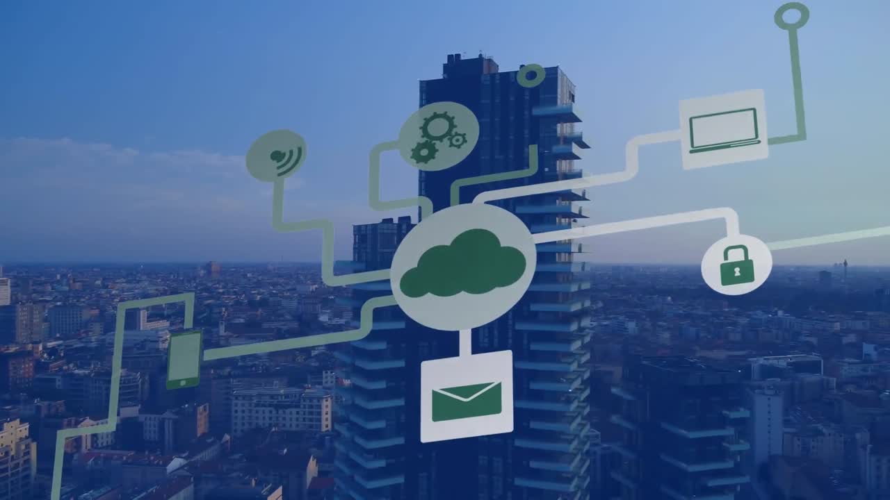 도시 풍경 위의 기술 아이콘의 애니메이션